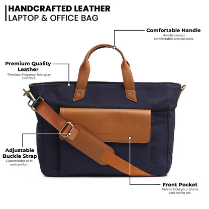 Voyager Canvas Leather Briefcase, Dark Blue