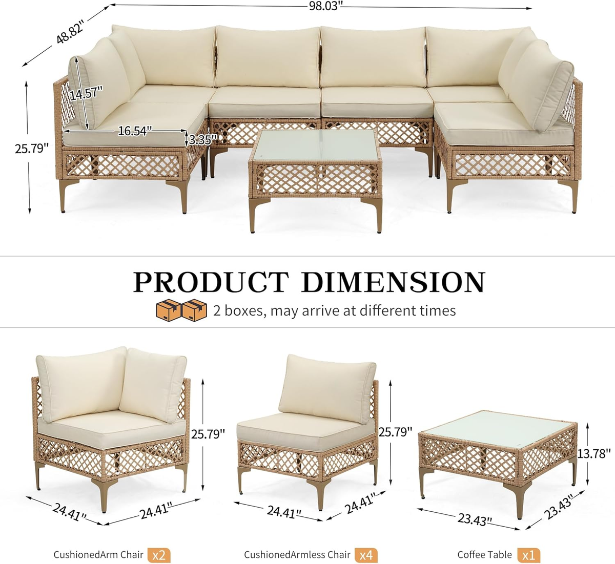 Ainfox 7 Pieces Outdoor Wicker Modular Patio Sectional Set with Thick Cushions & Tempered Glass Table