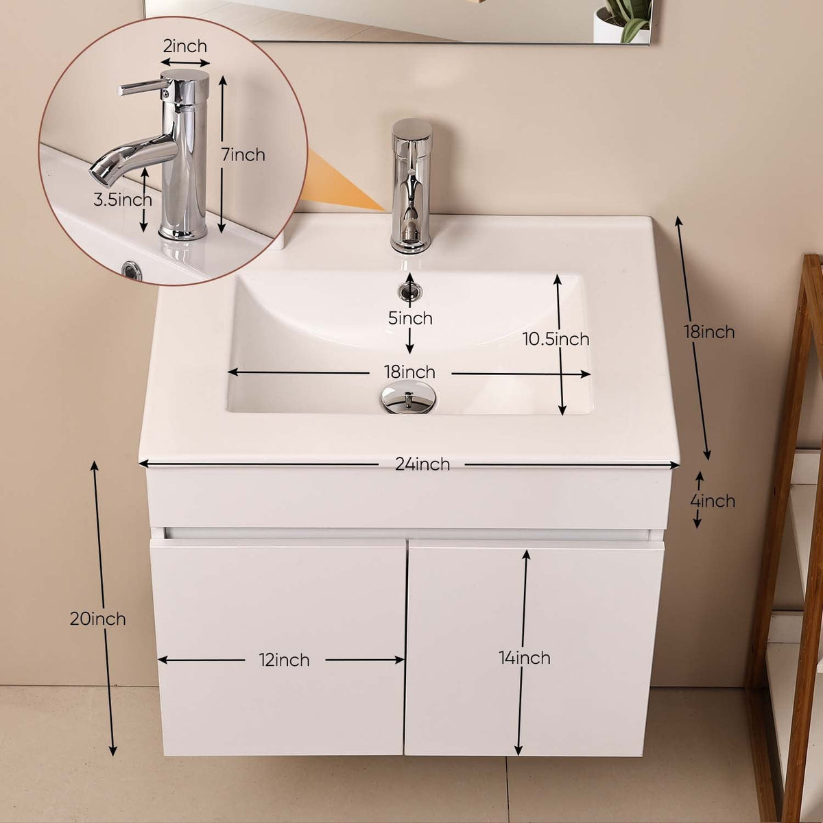 Ainfox Wall Mounted Bathroom Vanity with Ceramic Top and Sink, Storage Cabinet, Faucet Combo Set