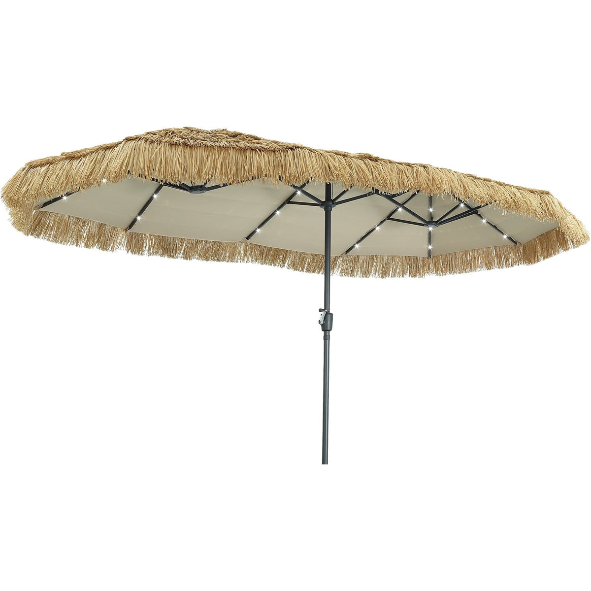 Ainfox 13ft Large Thatched Tiki Patio Umbrella with Solar LED Lights, Outdoor Heavy-Duty Double-Sided Rectangle Market Umbrella for Garden, Deck, Backyard, Pool, Beach