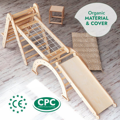 6in1 Montessori Climbing Set: Triangle Ladder + Arch/Rocker + Slide/Ramp + Net + Cushion + Art Addition