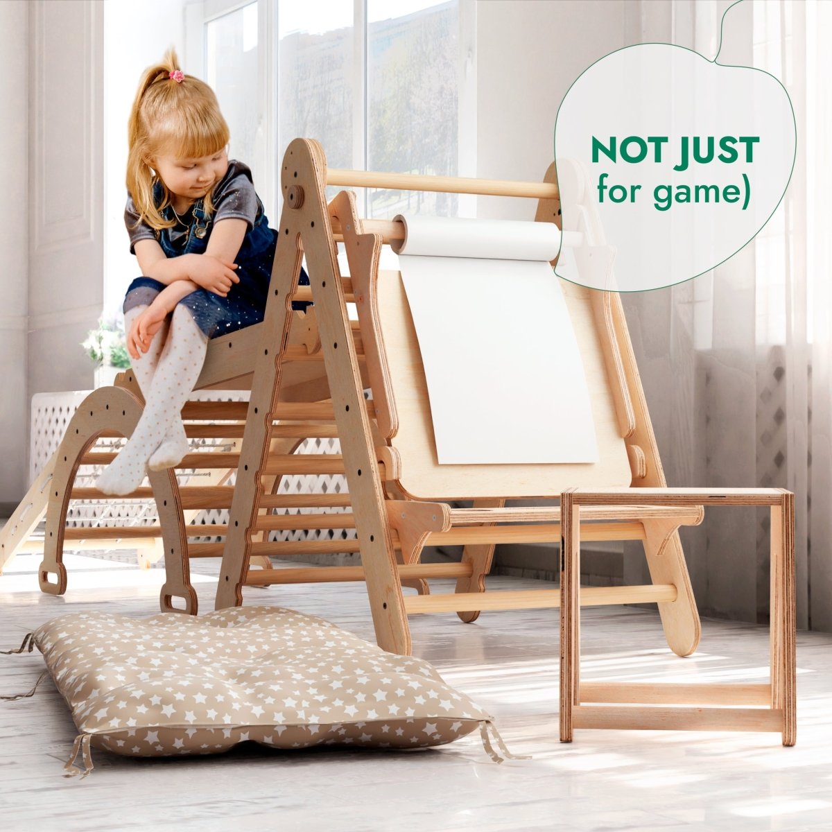 6in1 Montessori Climbing Set: Triangle Ladder + Arch/Rocker + Slide/Ramp + Net + Cushion + Art Addition