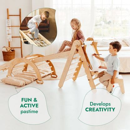 6in1 Montessori Climbing Set: Triangle Ladder + Arch/Rocker + Slide/Ramp + Net + Cushion + Art Addition