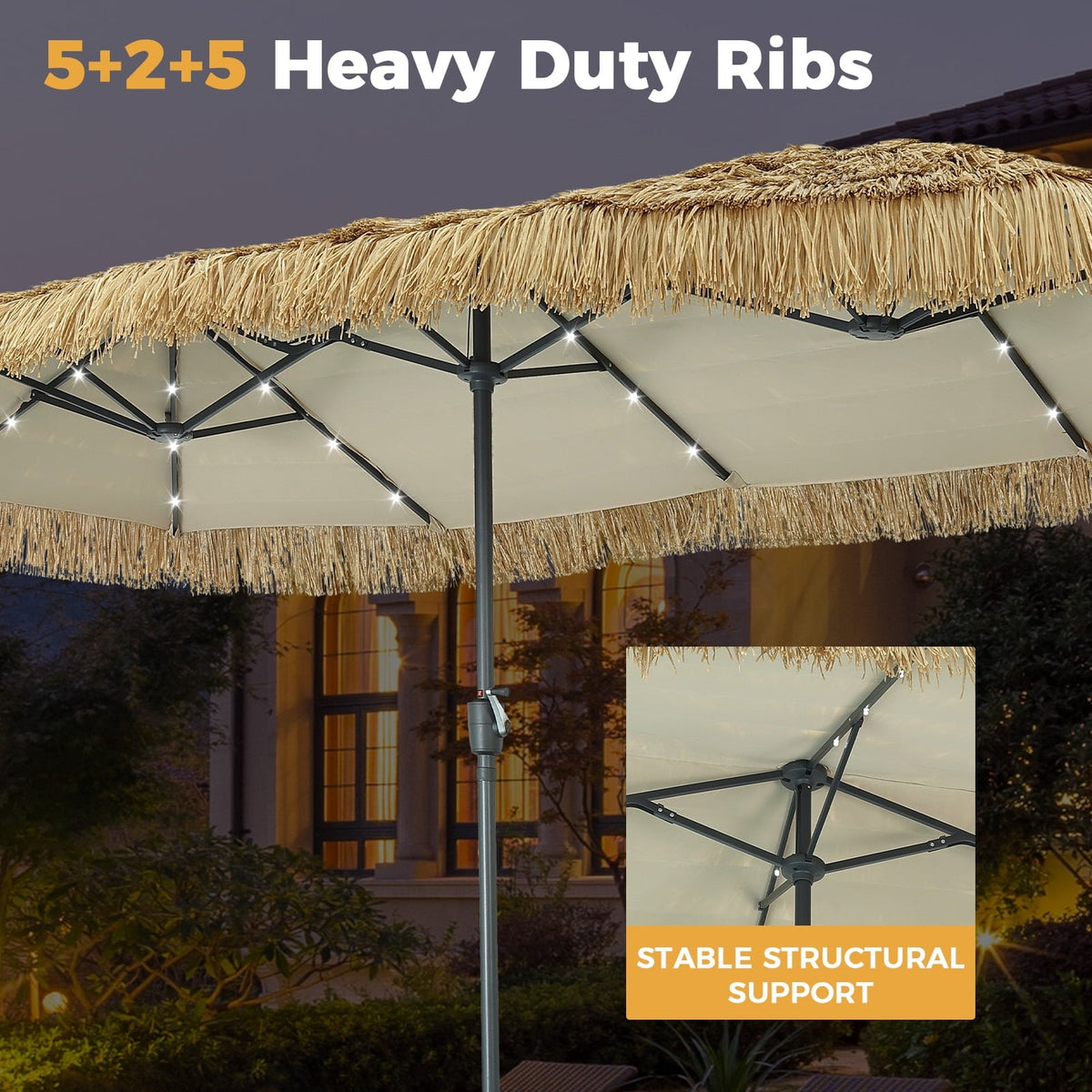 Ainfox 13ft Large Thatched Tiki Patio Umbrella with Solar LED Lights, Outdoor Heavy-Duty Double-Sided Rectangle Market Umbrella for Garden, Deck, Backyard, Pool, Beach