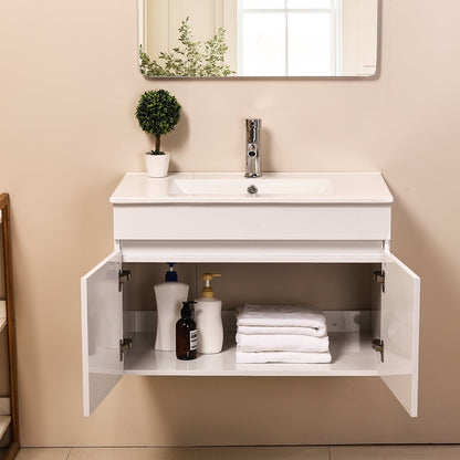 Ainfox Wall Mounted Bathroom Vanity with Ceramic Top and Sink, Storage Cabinet, Faucet Combo Set