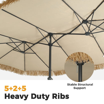 Ainfox 15ft Large Thatched Tiki Patio Umbrella with Stand and Sandbags, Outdoor Heavy-Duty Double-Sided Rectangle Market Umbrella for Garden, Deck, Backyard, Pool, Beach