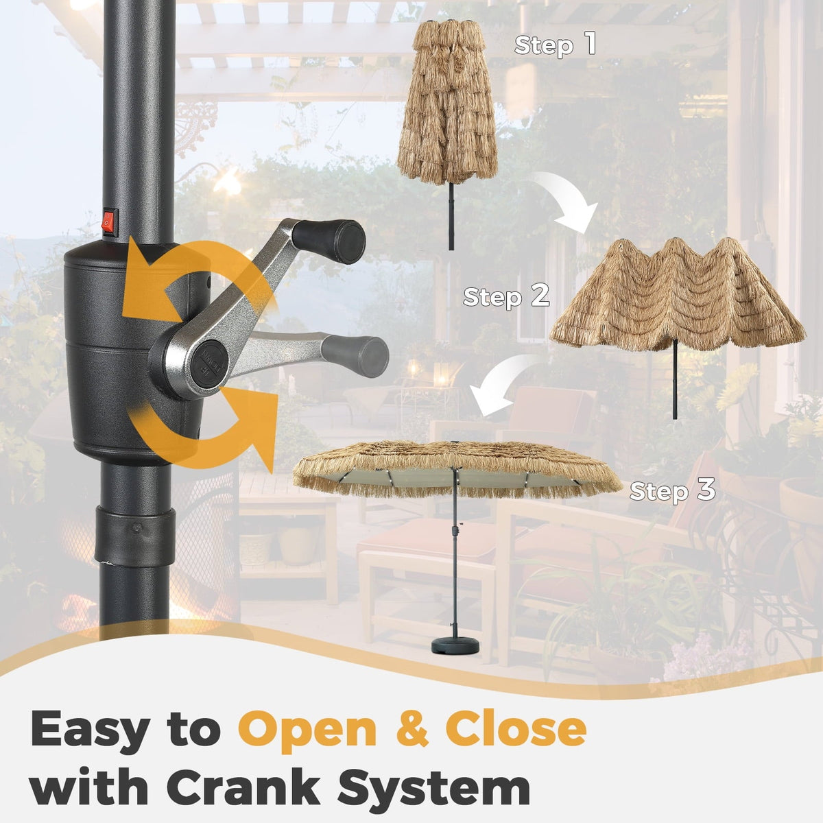 Ainfox 13ft Large Thatched Tiki Patio Umbrella with Solar LED Lights, Outdoor Heavy-Duty Double-Sided Rectangle Market Umbrella for Garden, Deck, Backyard, Pool, Beach