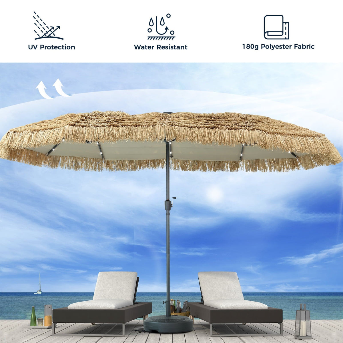 Ainfox 13ft Large Thatched Tiki Patio Umbrella with Solar LED Lights, Outdoor Heavy-Duty Double-Sided Rectangle Market Umbrella for Garden, Deck, Backyard, Pool, Beach